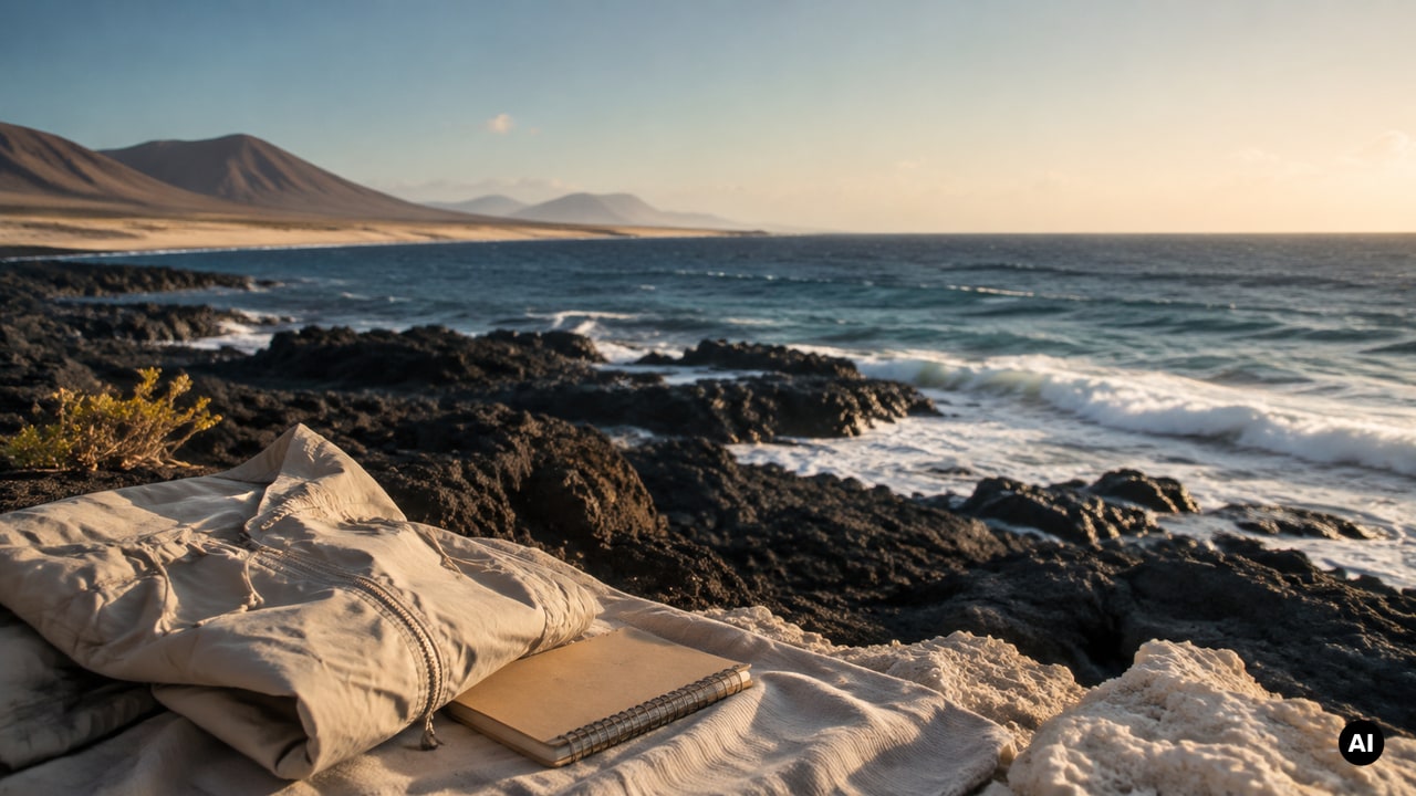 Costa vulcânica da Ilha do Sal com mar Atlântico agitado, roupa corta-vento e caderno de planeamento