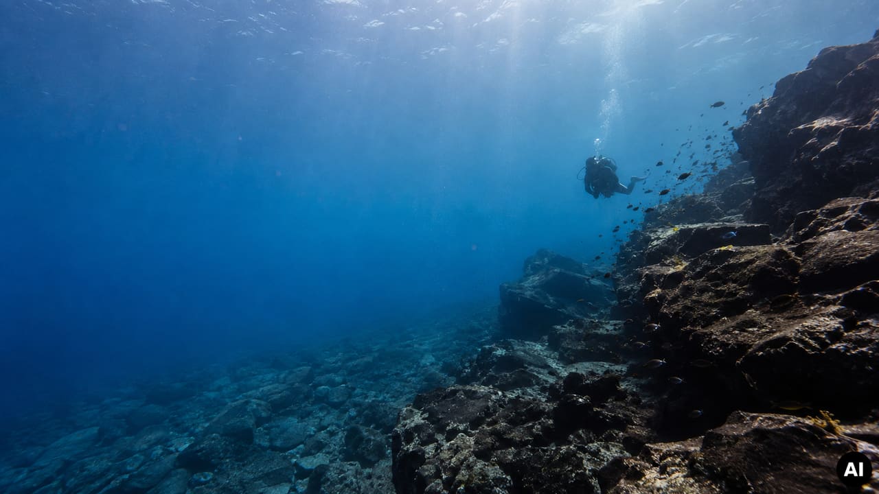 Mergulho recreativo junto a uma formação de rocha vulcânica nas águas da Ilha do Sal, com mergulhador ao longe