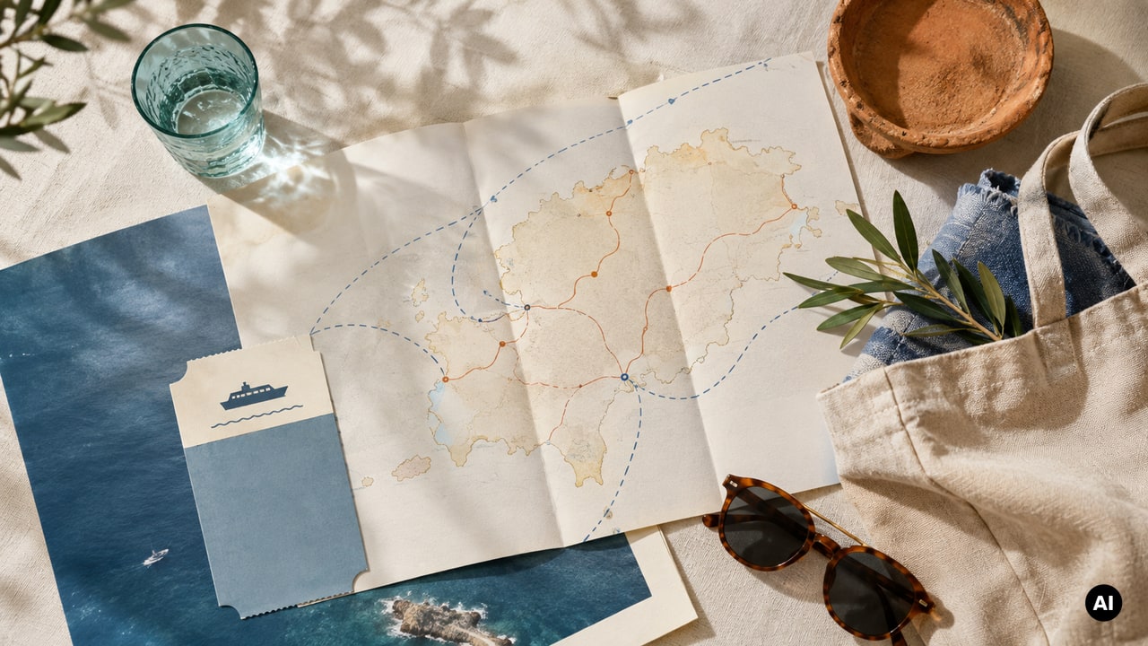 Mesa de planeamento de viagem com mapa, caderno, óculos de sol e elementos costeiros