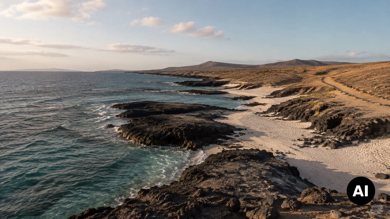 Imagem conceptual gerada por IA: costa árida e ventosa da Ilha do Sal, com mar Atlântico, areia e rocha vulcânica.