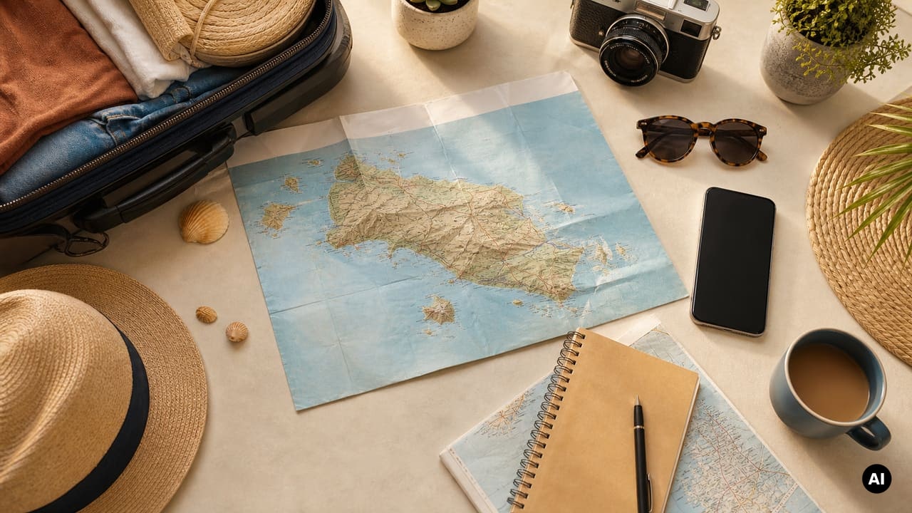 Planeamento de viagem para Cabo Verde com mala e mapa