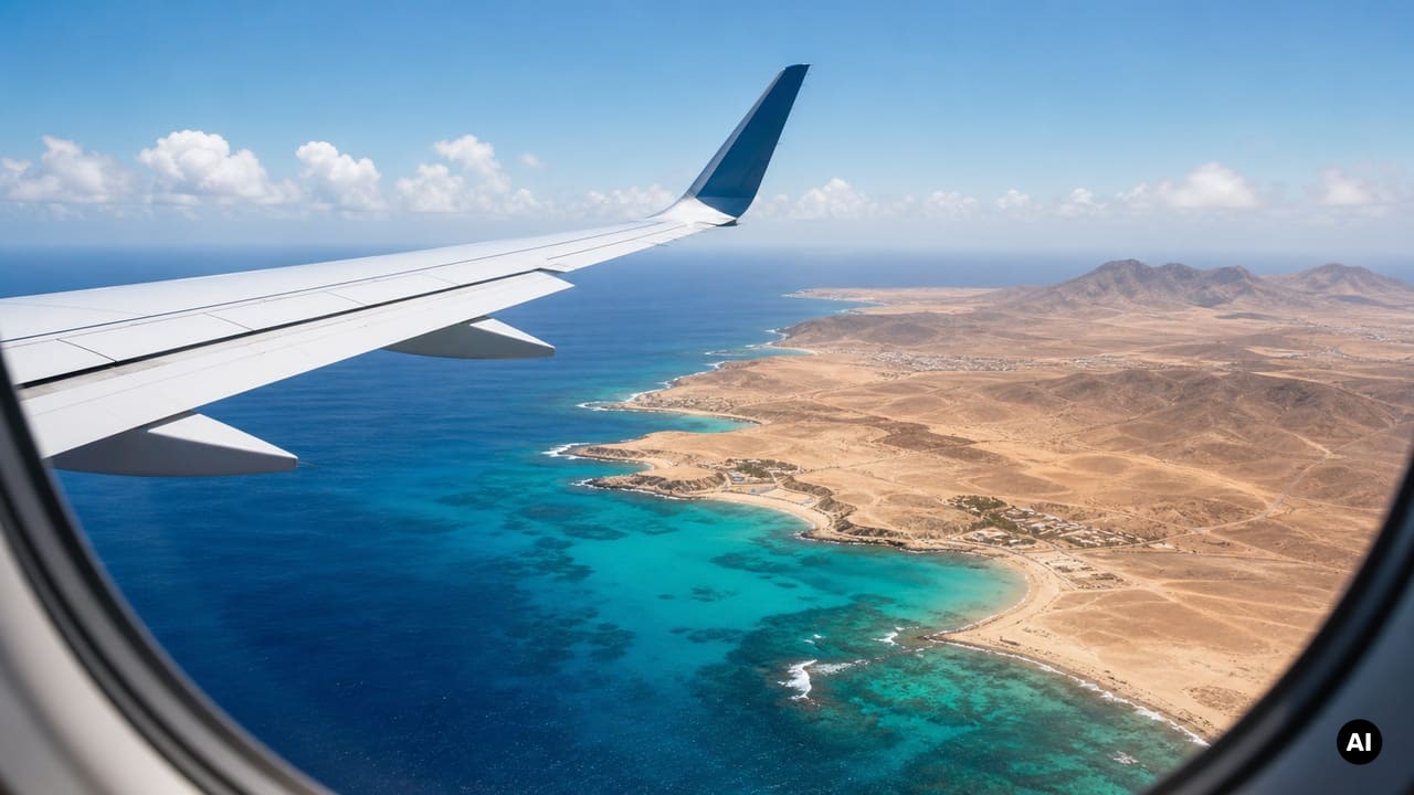 Janela de avião sobre o oceano a caminho de Cabo Verde